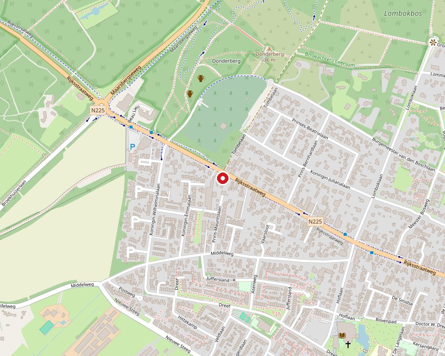 Detailkaart met de werkplaats aangeduid aan de Rijksstraatweg 285 in Leersum.