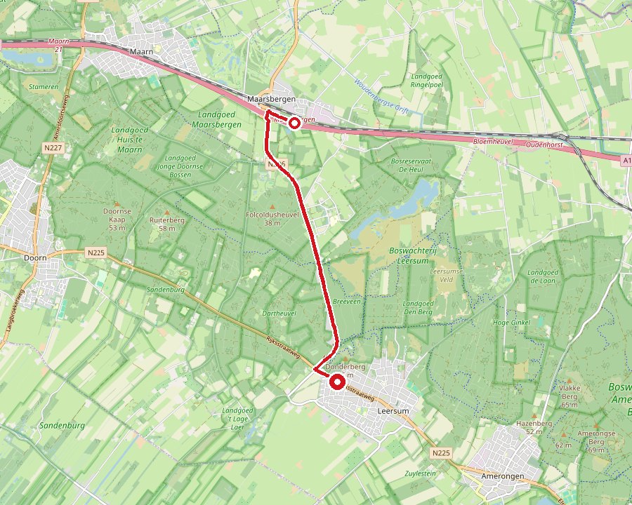 Overzichtskaart van de A12 bij Maarsbergen tot Leersum, met de route in rood ingetekend.
